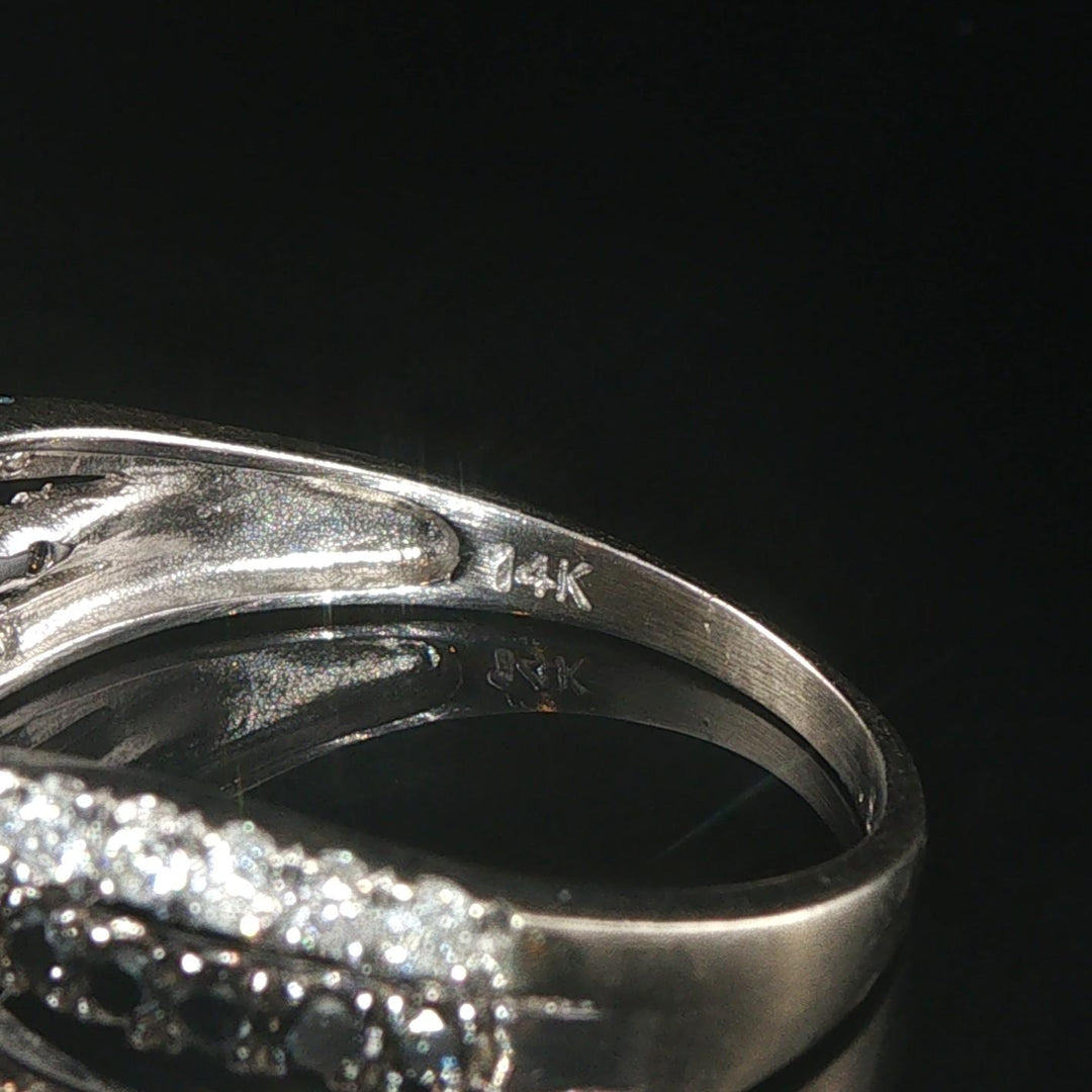 14k White Gold Topaz and White and Black Diamond Crossover Band Ring Size 9.5