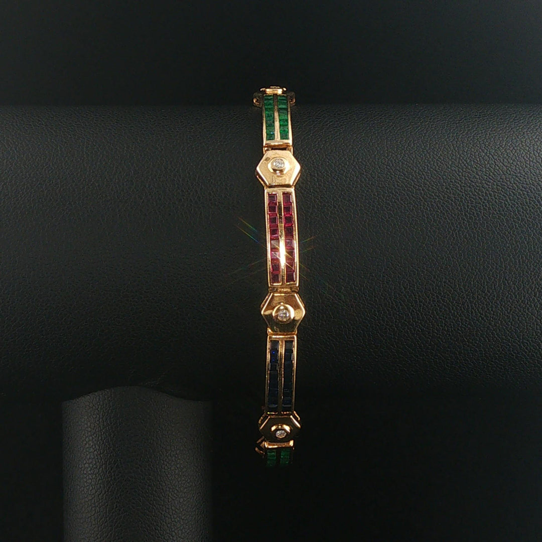 14k Yellow Gold 12g Multi Gemstone and Diamond Bar Link Bracelet 7"