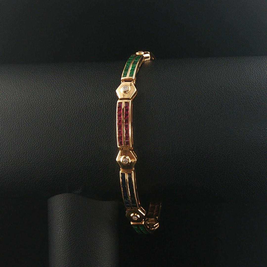 14k Yellow Gold 12g Multi Gemstone and Diamond Bar Link Bracelet 7"