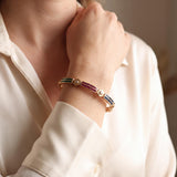 14k Yellow Gold 12g Multi Gemstone and Diamond Bar Link Bracelet 7"