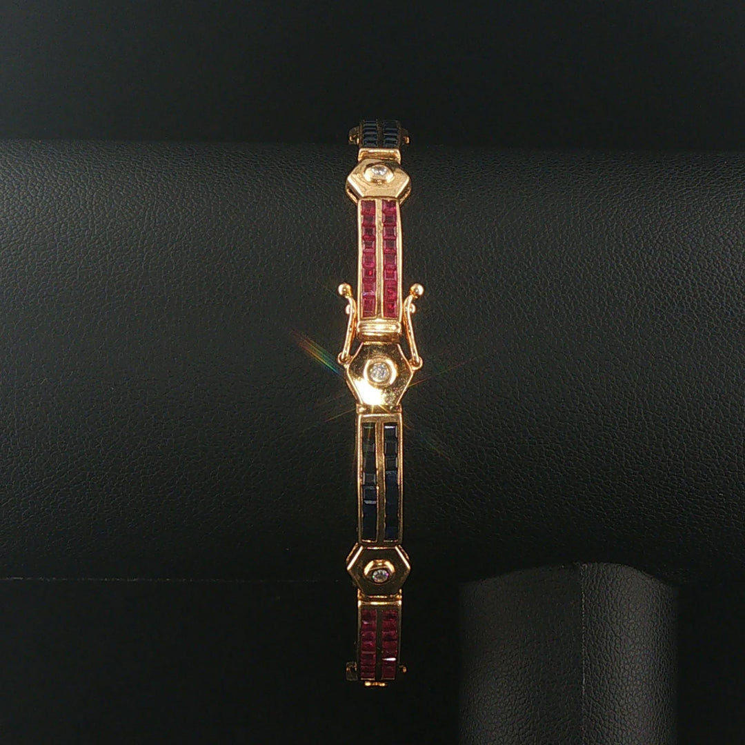 14k Yellow Gold 12g Multi Gemstone and Diamond Bar Link Bracelet 7"