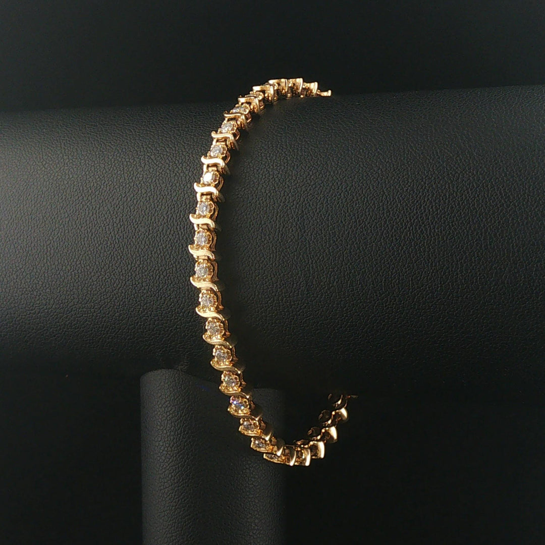 14k Yellow Gold and 1.20cttw Diamond Solid S Link Vintage Tennis Bracelet 7.25"
