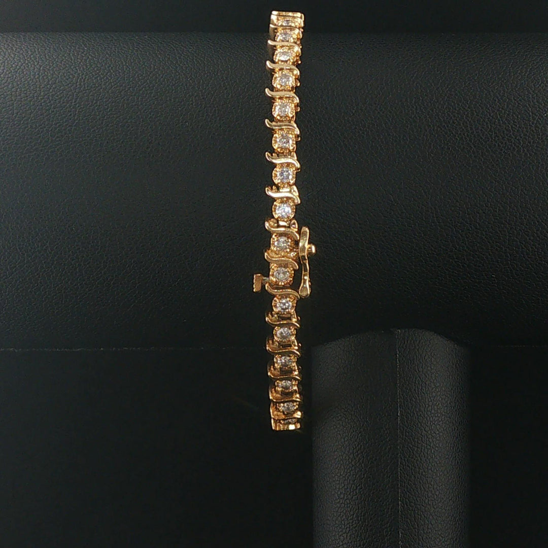 14k Yellow Gold and 1.20cttw Diamond Solid S Link Vintage Tennis Bracelet 7.25"