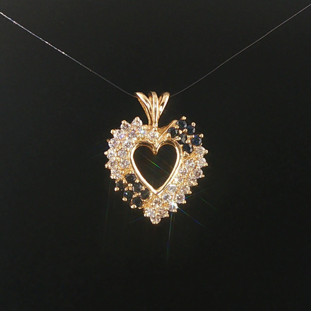 14k Yellow Gold Sapphire and 0.60cttw Diamond Vintage Heart Pendant 1"