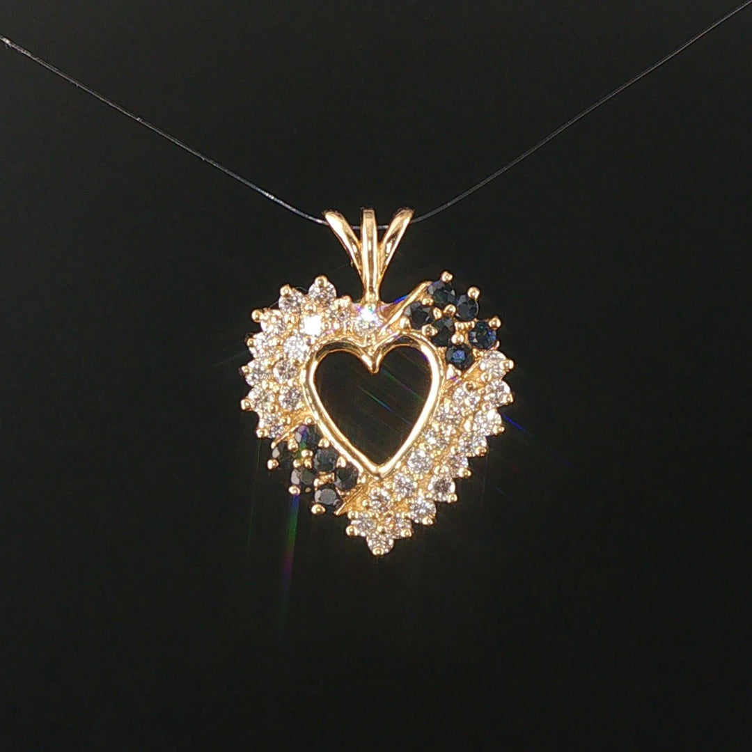 14k Yellow Gold Sapphire and 0.60cttw Diamond Vintage Heart Pendant 1"
