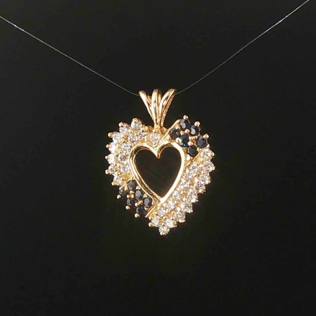 14k Yellow Gold Sapphire and 0.60cttw Diamond Vintage Heart Pendant 1"