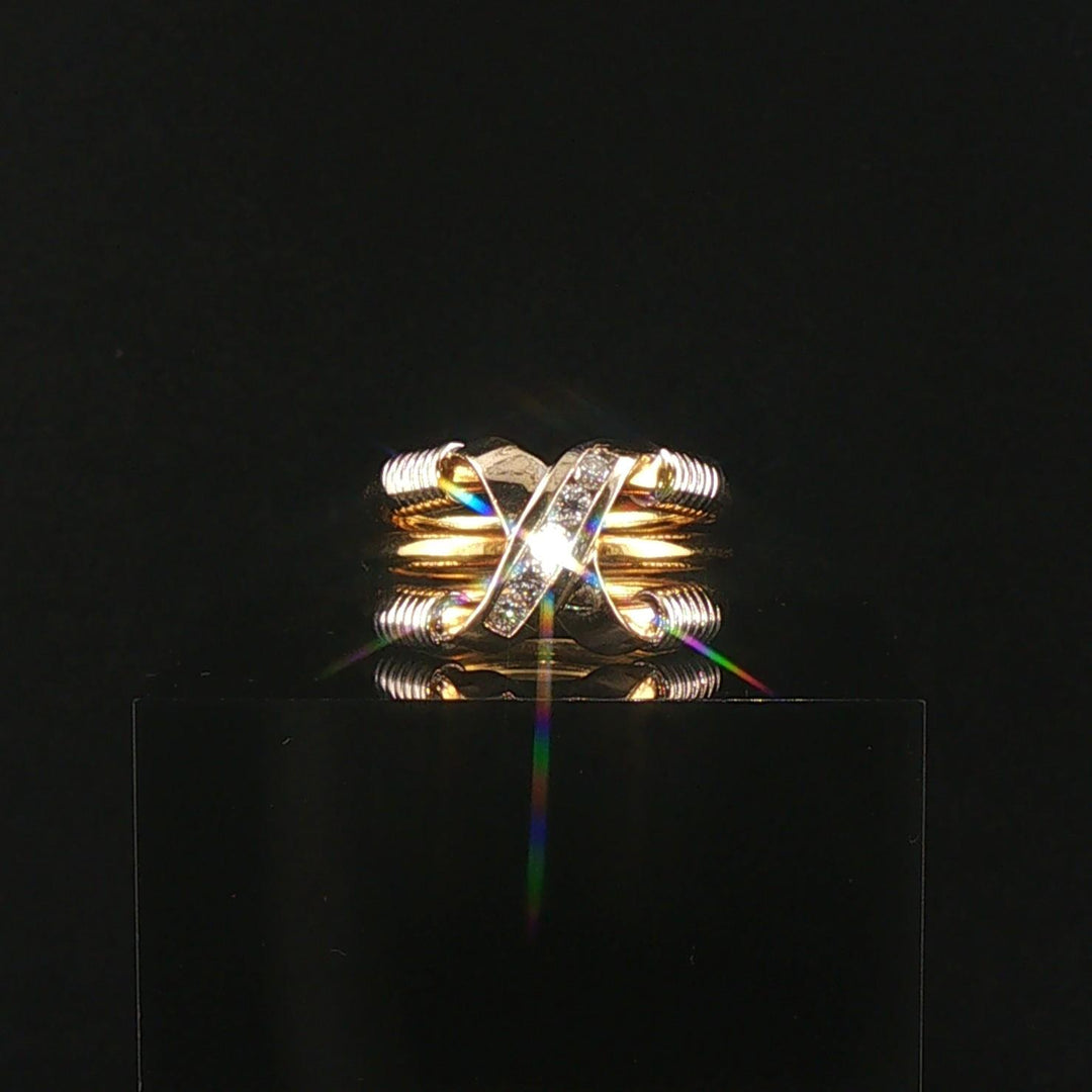 18k Yellow and White Gold Diamond Crossover Three Band Heavy Ring Size 5.75