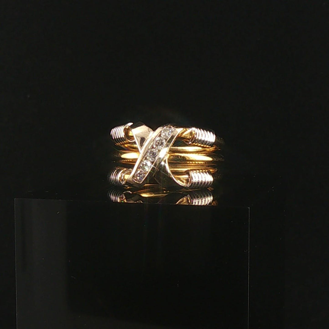18k Yellow and White Gold Diamond Crossover Three Band Heavy Ring Size 5.75