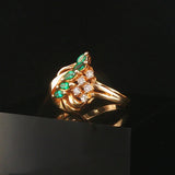14k Yellow Gold Emerald and Diamond Ladies Floral Ring Size 8