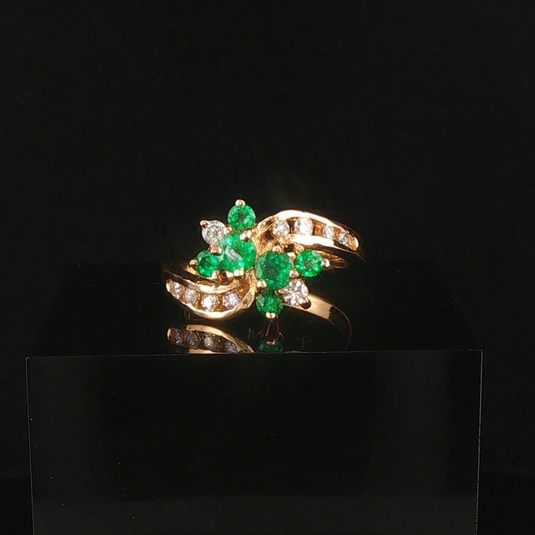14k Yellow Gold Emerald and Diamond Bypass Floral Ring Size 6.25