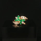 14k Yellow Gold Emerald and Diamond Bypass Floral Ring Size 6.25