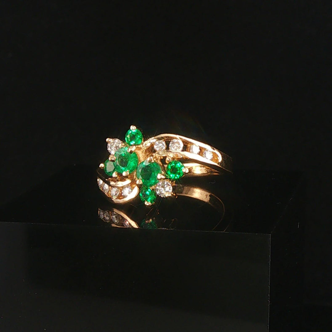 14k Yellow Gold Emerald and Diamond Bypass Floral Ring Size 6.25