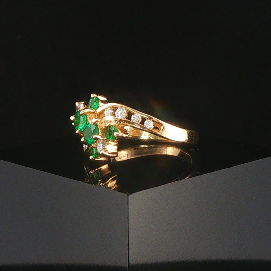 14k Yellow Gold Emerald and Diamond Bypass Floral Ring Size 6.25