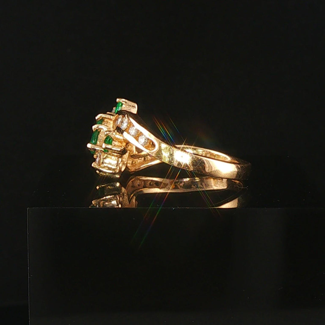 14k Yellow Gold Emerald and Diamond Bypass Floral Ring Size 6.25