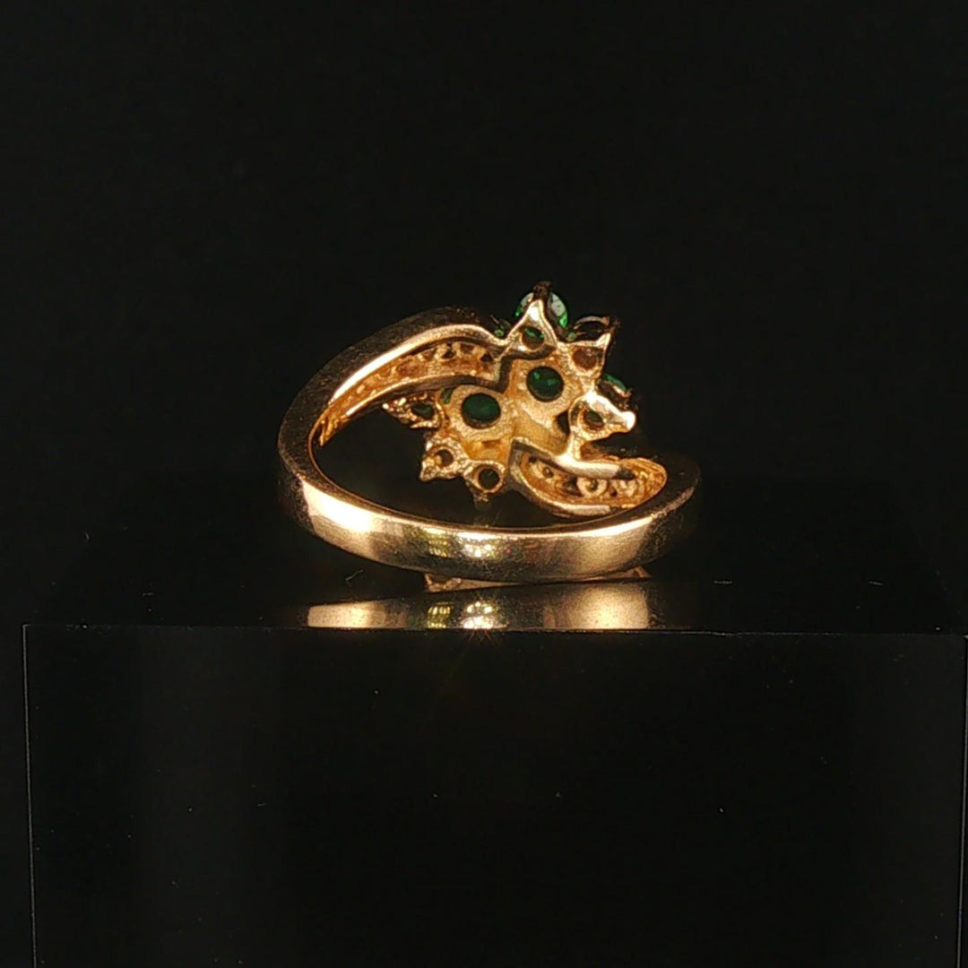 14k Yellow Gold Emerald and Diamond Bypass Floral Ring Size 6.25