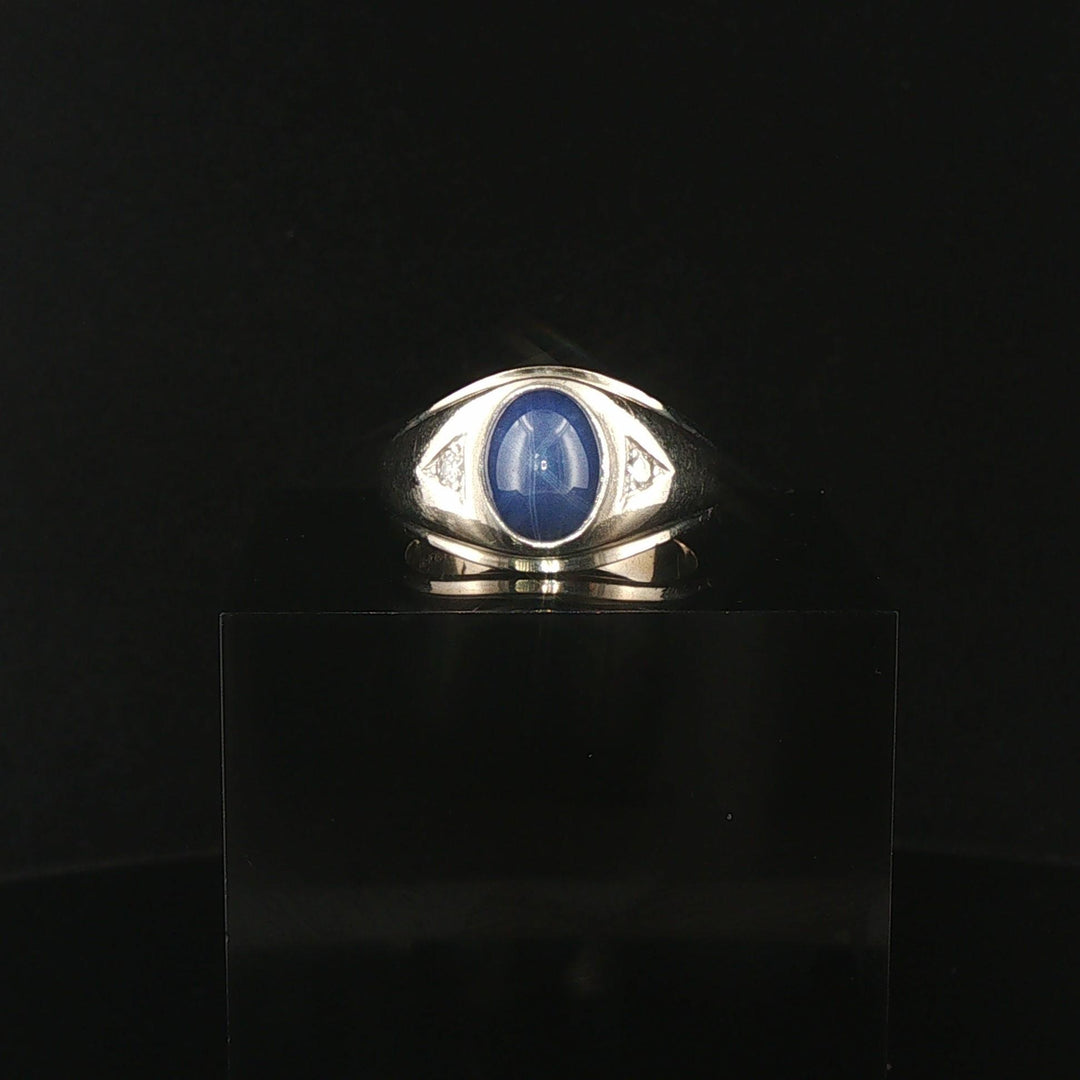 14k White Gold Blue Star Sapphire and Diamond Men's Ring Size 9