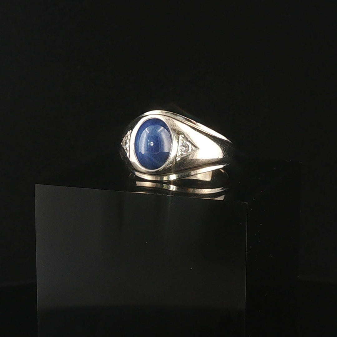 14k White Gold Blue Star Sapphire and Diamond Men's Ring Size 9