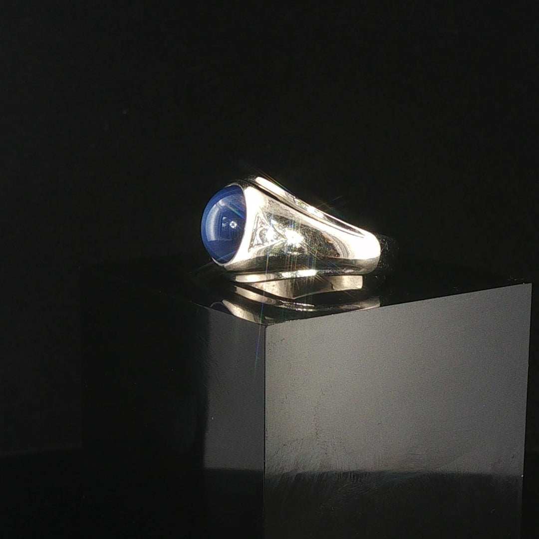 14k White Gold Blue Star Sapphire and Diamond Men's Ring Size 9