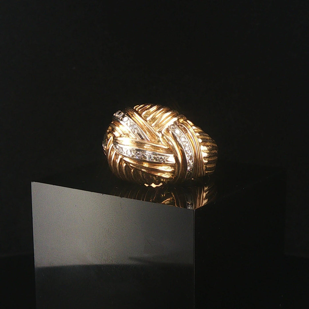 14k Yellow and White Gold Diamond Solid Heavy Vintage Domed Bombe Ring Size 7