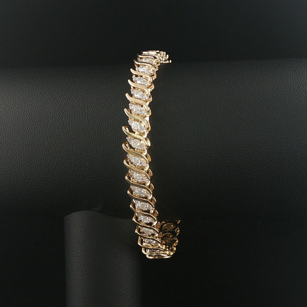 10k Yellow Gold and 4cttw Diamond Cluster Solid S Link Tennis Bracelet 7"