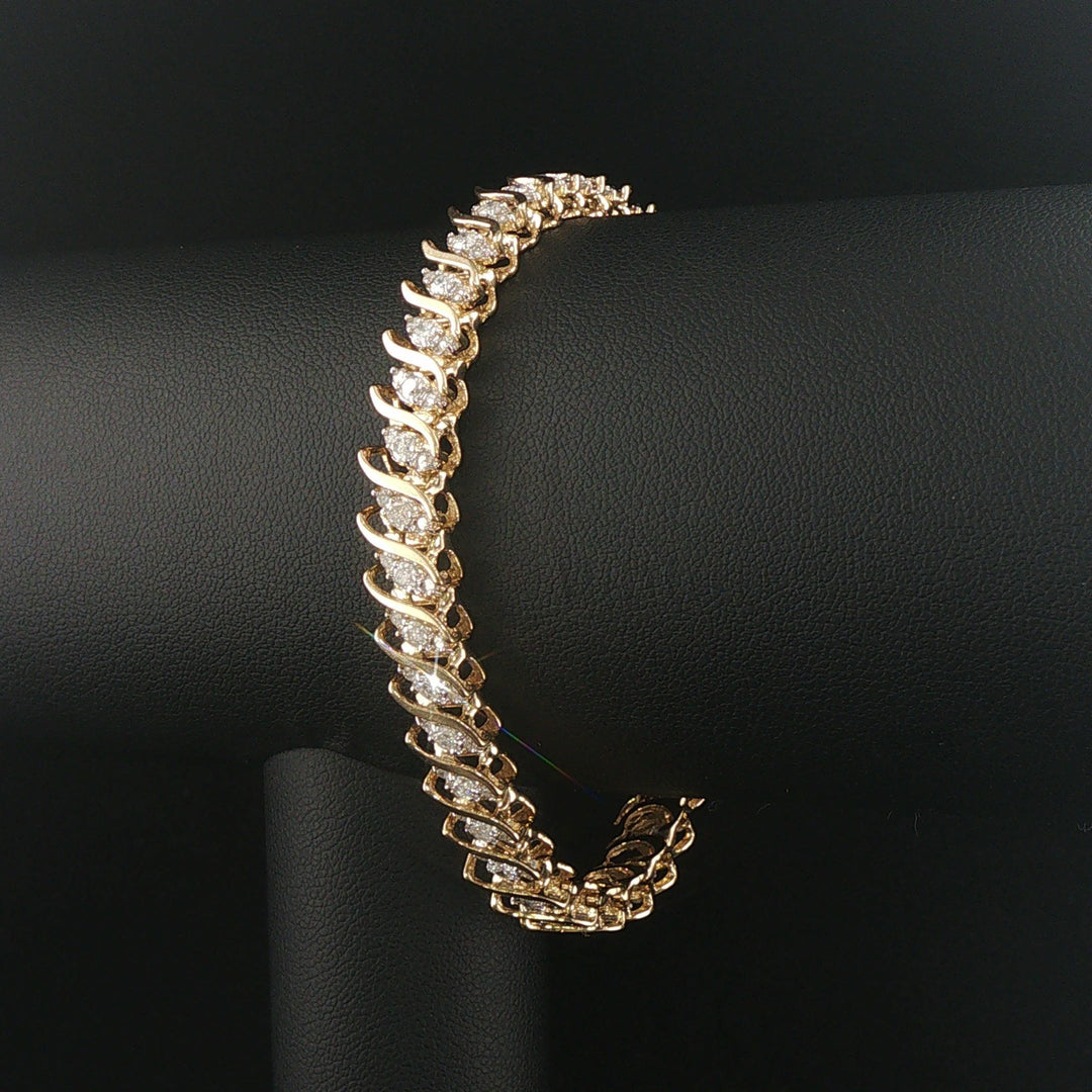 10k Yellow Gold and 4cttw Diamond Cluster Solid S Link Tennis Bracelet 7"