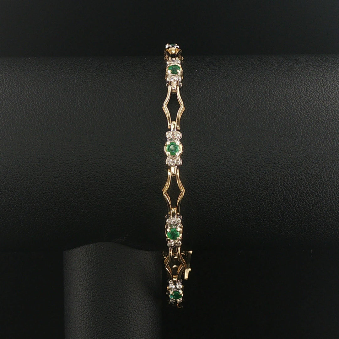 14k Yellow Gold Emerald and Diamond Fancy Link Bracelet 7.5"