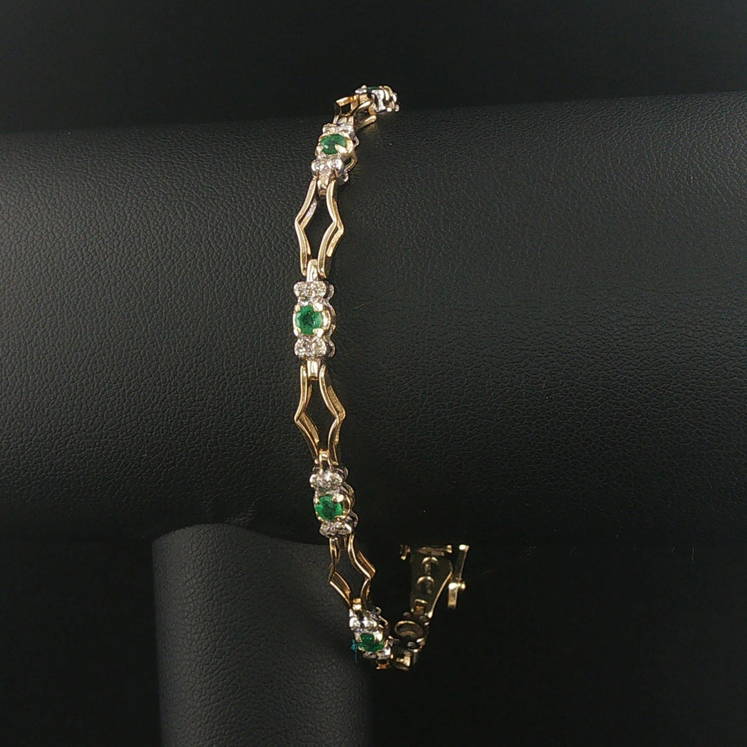 14k Yellow Gold Emerald and Diamond Fancy Link Bracelet 7.5"