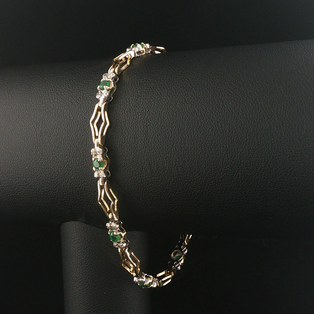 14k Yellow Gold Emerald and Diamond Fancy Link Bracelet 7.5"