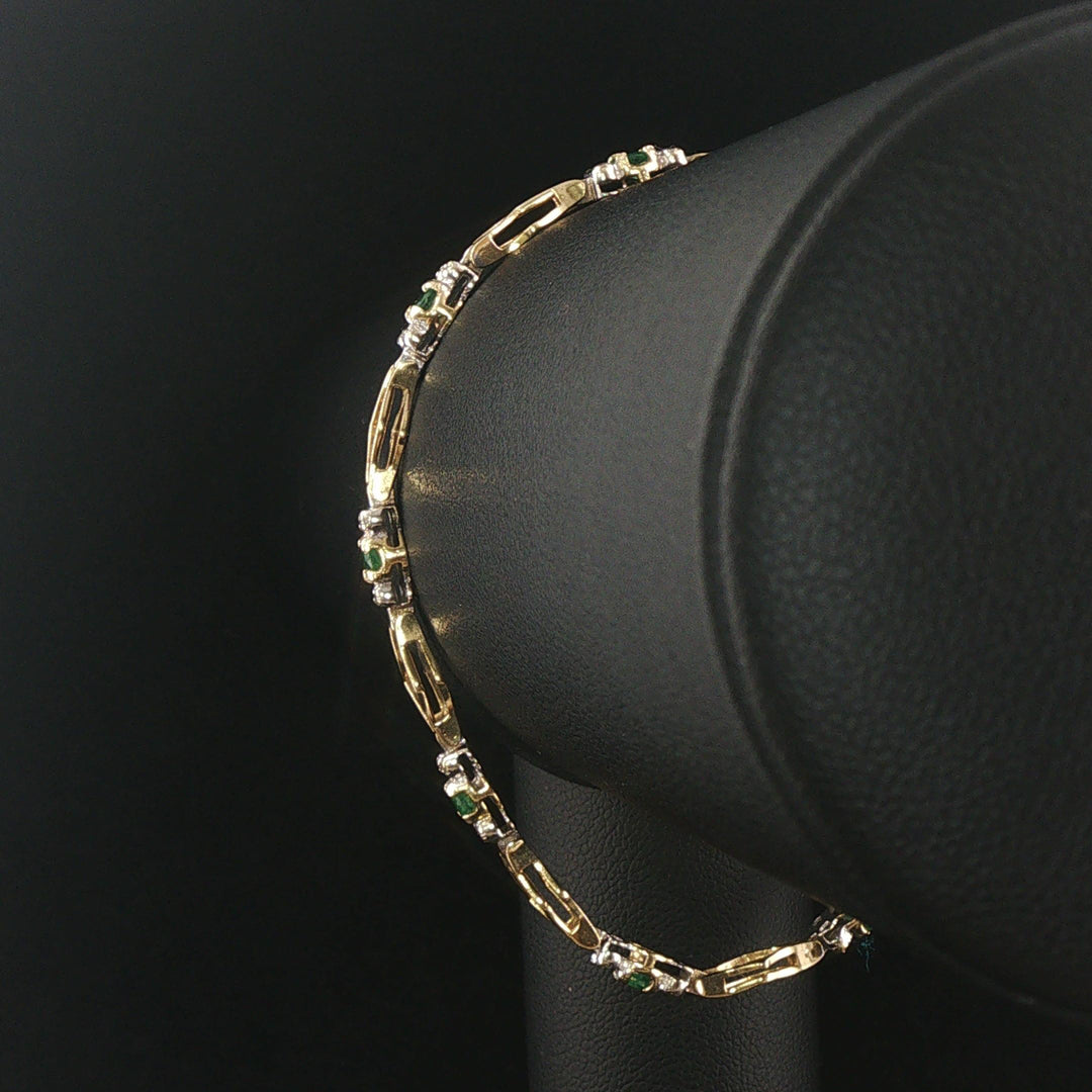 14k Yellow Gold Emerald and Diamond Fancy Link Bracelet 7.5"