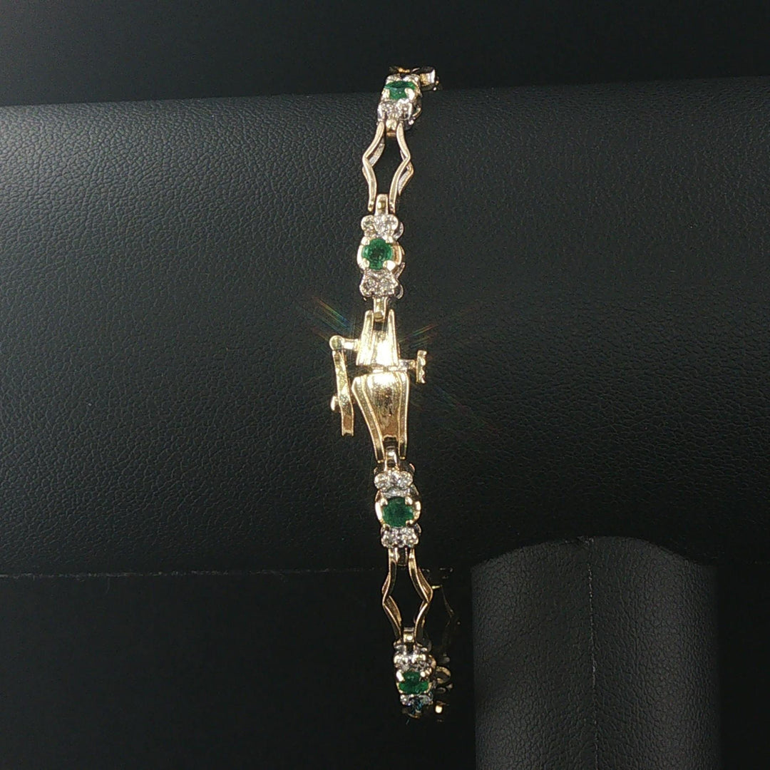 14k Yellow Gold Emerald and Diamond Fancy Link Bracelet 7.5"