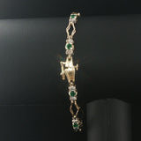14k Yellow Gold Emerald and Diamond Fancy Link Bracelet 7.5"