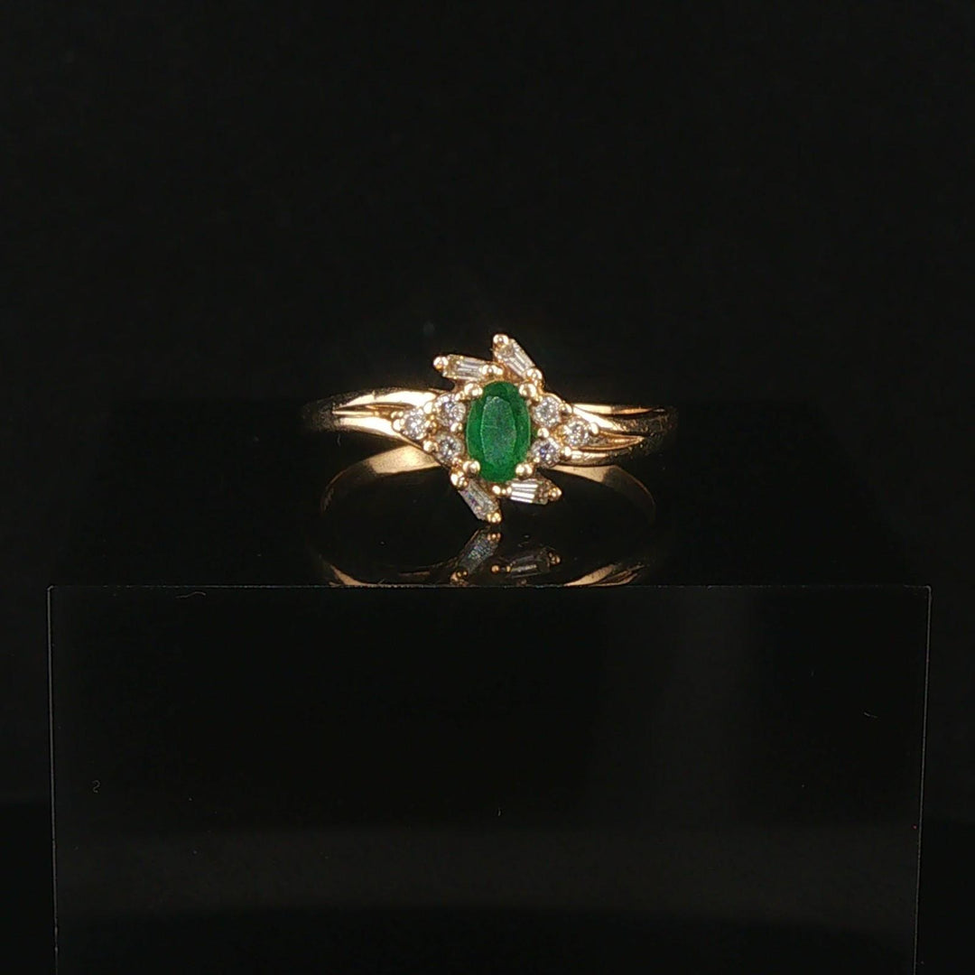 14k Yellow Gold Emerald and Diamond Halo Ring Size 7.25