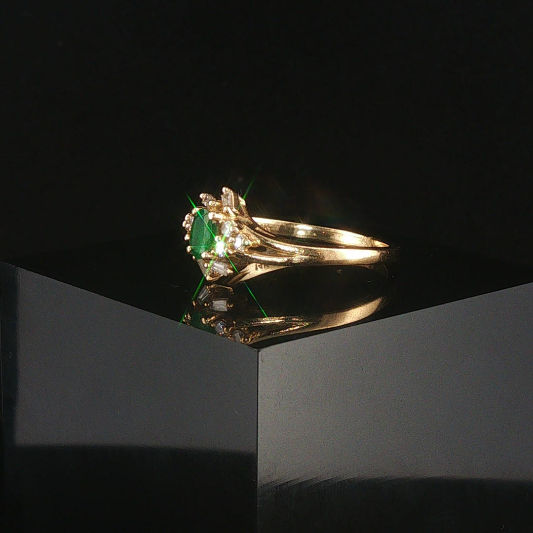 14k Yellow Gold Emerald and Diamond Halo Ring Size 7.25