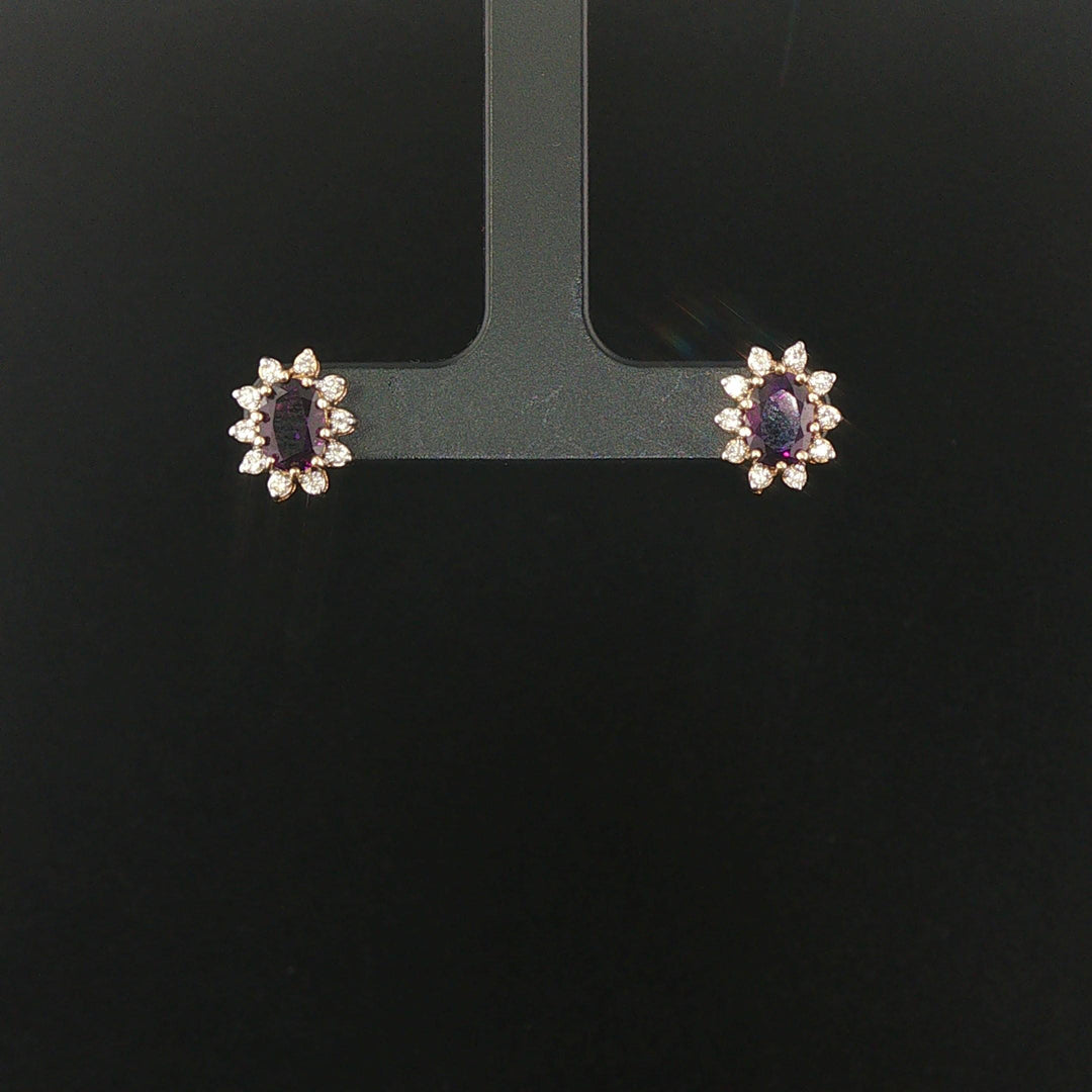 14k Yellow Gold Amethyst and Diamond Halo Stud Earrings