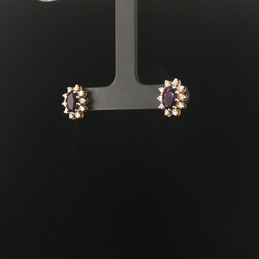 14k Yellow Gold Amethyst and Diamond Halo Stud Earrings
