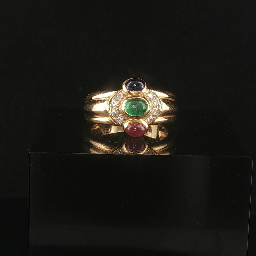 18k Yellow Gold Cabochon Gemstone and Diamond Vintage Band Ring Size 3