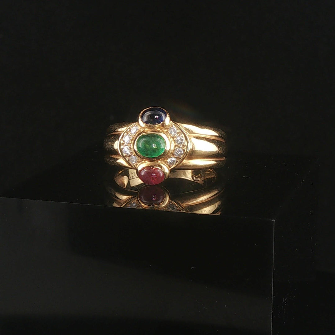 18k Yellow Gold Cabochon Gemstone and Diamond Vintage Band Ring Size 3