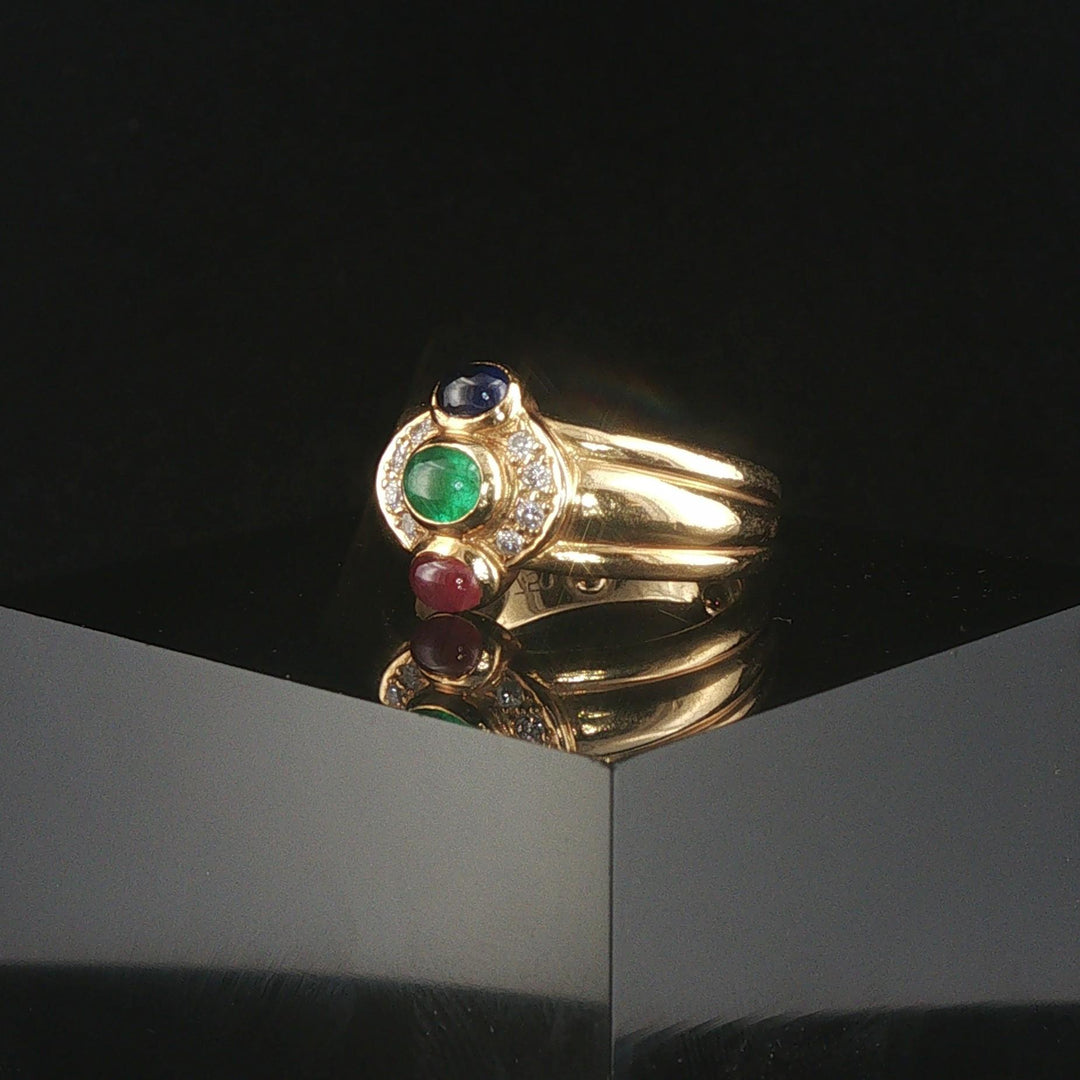 18k Yellow Gold Cabochon Gemstone and Diamond Vintage Band Ring Size 3