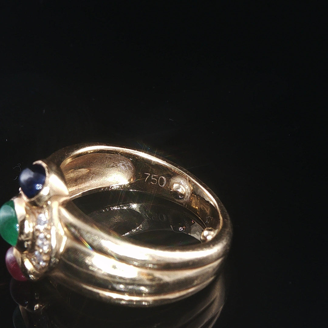 18k Yellow Gold Cabochon Gemstone and Diamond Vintage Band Ring Size 3