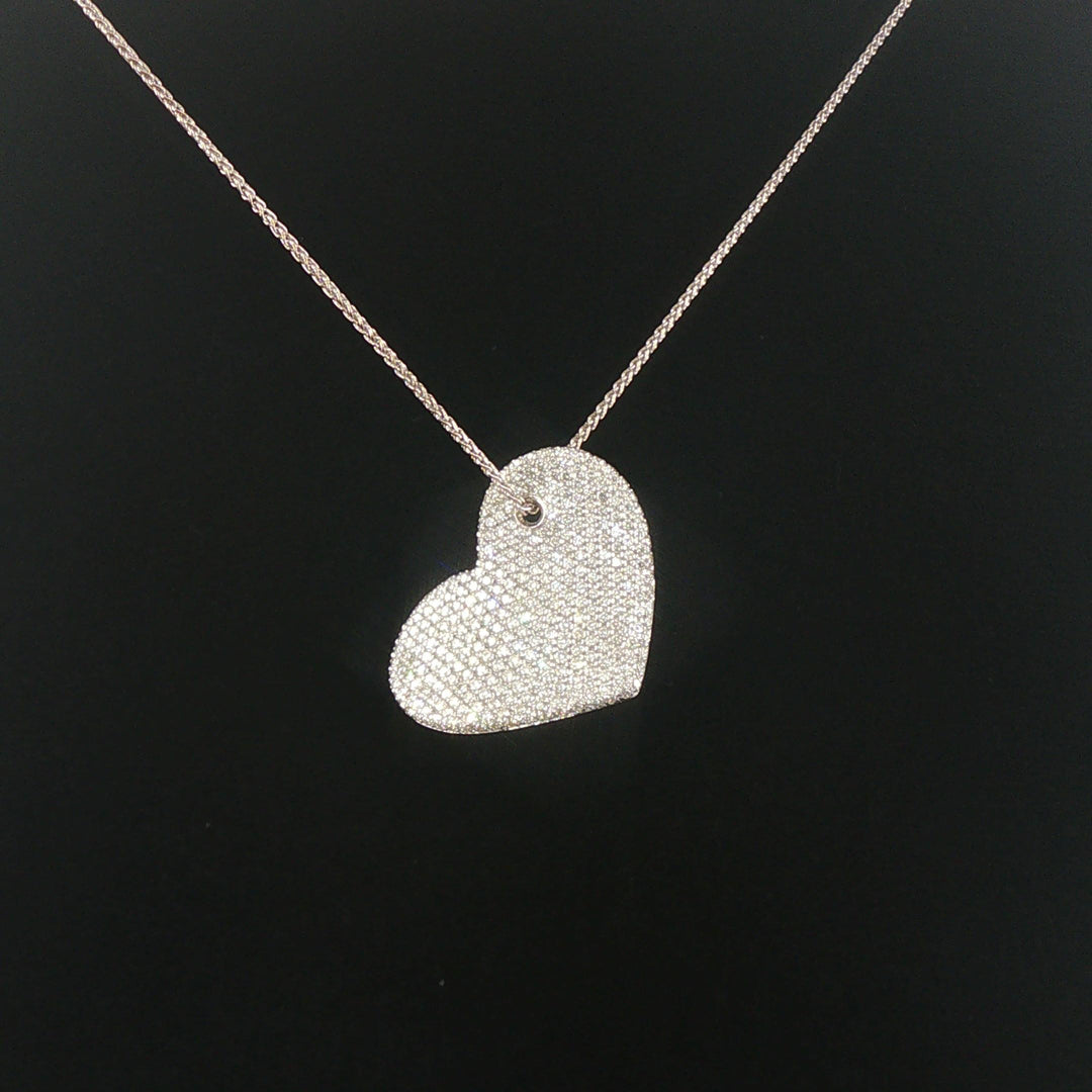 18k White Gold 2.50cttw Pave Diamond Heavy Heart Pendant Necklace Italy 16"
