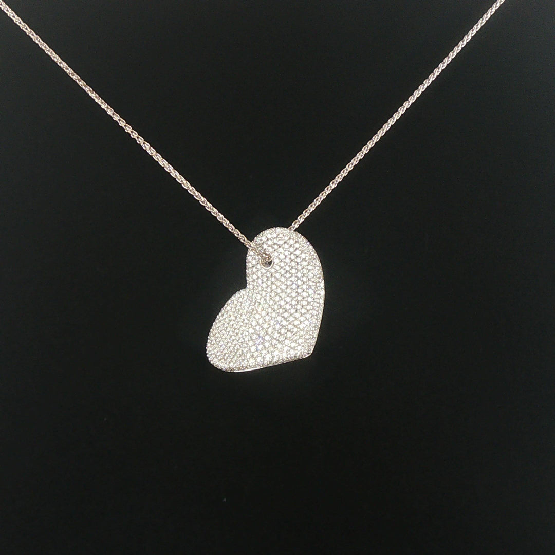 18k White Gold 2.50cttw Pave Diamond Heavy Heart Pendant Necklace Italy 16"