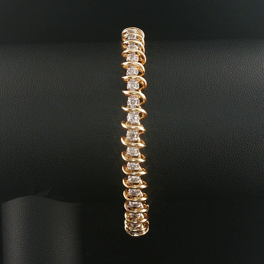 14k Yellow Gold and 1.50cttw Diamond Solid S Link Vintage Tennis Bracelet 7"