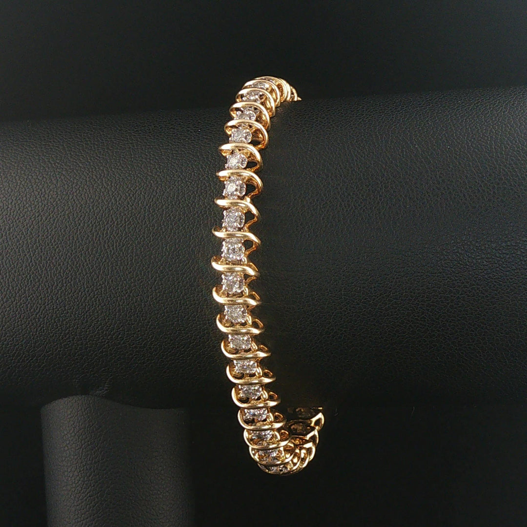 14k Yellow Gold and 1.50cttw Diamond Solid S Link Vintage Tennis Bracelet 7"