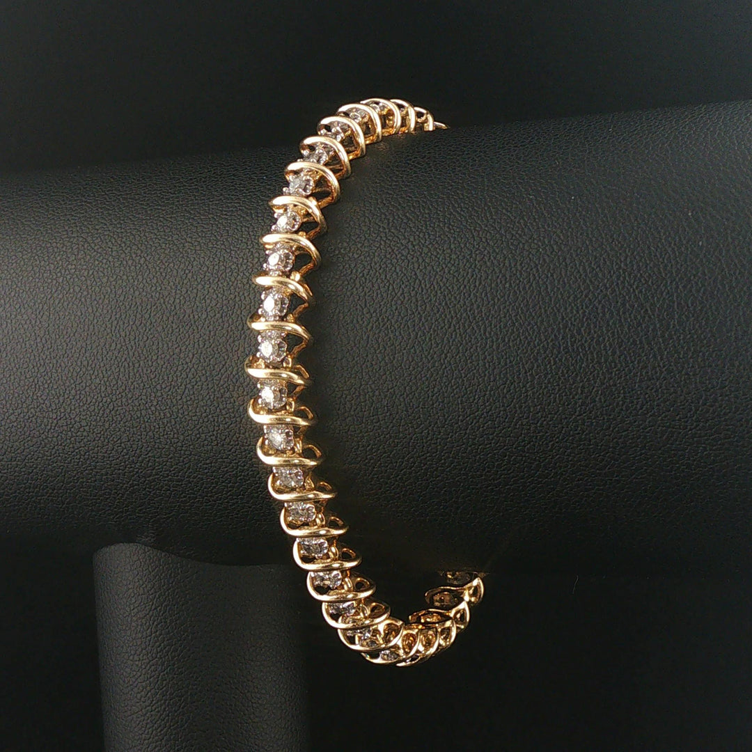 14k Yellow Gold and 1.50cttw Diamond Solid S Link Vintage Tennis Bracelet 7"