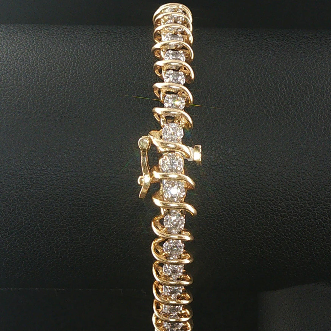 14k Yellow Gold and 1.50cttw Diamond Solid S Link Vintage Tennis Bracelet 7"