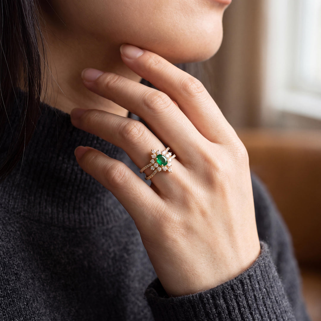 14k Yellow Gold Emerald and 0.50cttw Diamond Halo Ring Size 7.5