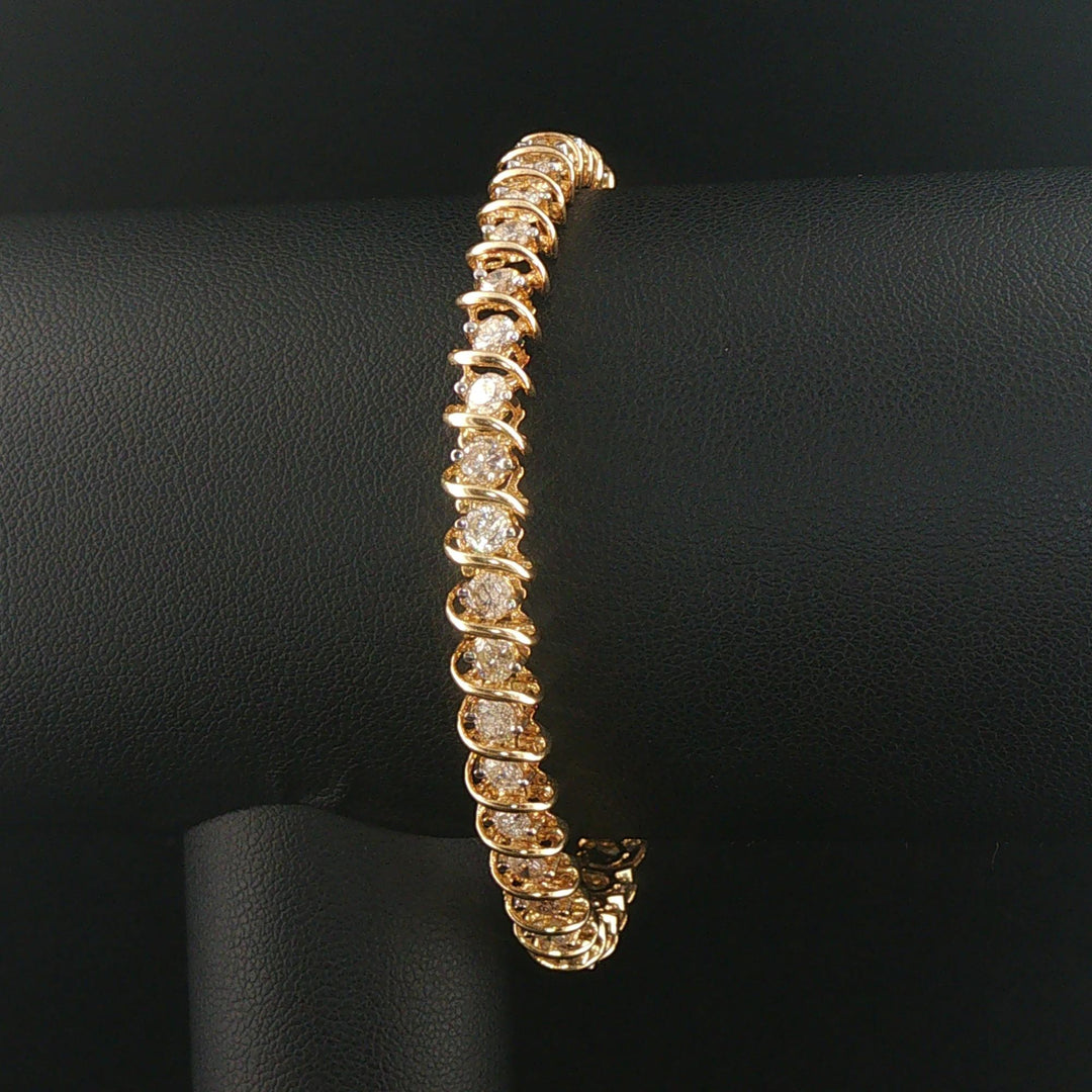 14k Yellow Gold and 4cttw Diamond Solid S Link Vintage Tennis Bracelet 7"