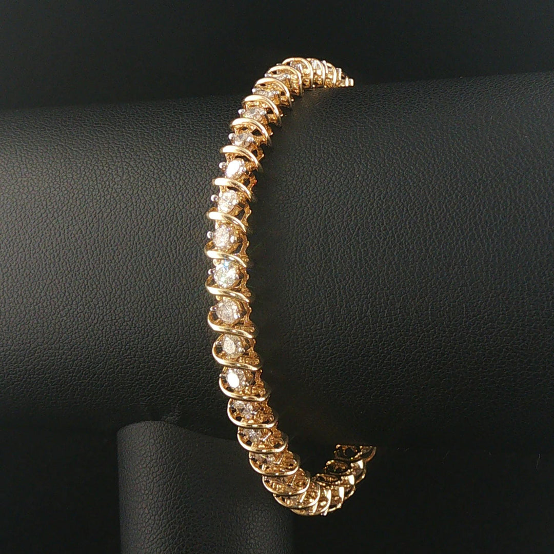 14k Yellow Gold and 4cttw Diamond Solid S Link Vintage Tennis Bracelet 7"