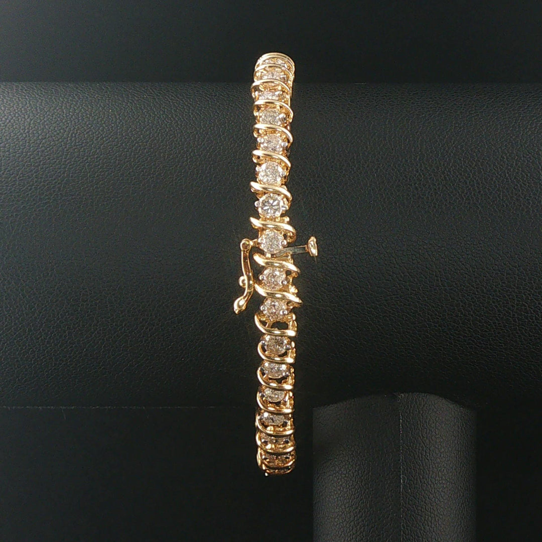 14k Yellow Gold and 4cttw Diamond Solid S Link Vintage Tennis Bracelet 7"
