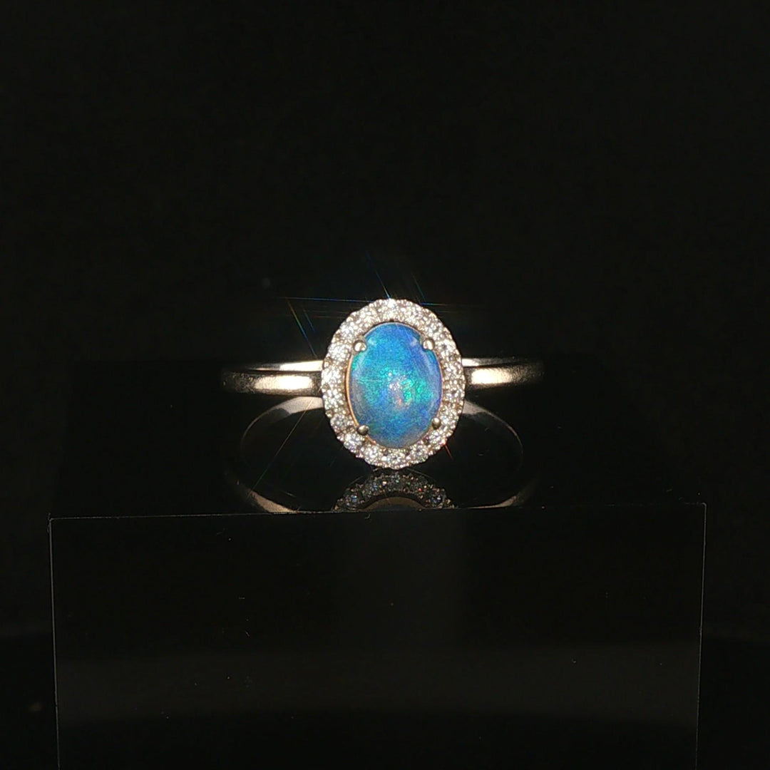 14k White Gold Cabochon Opal and Diamond Halo Ring Size 10